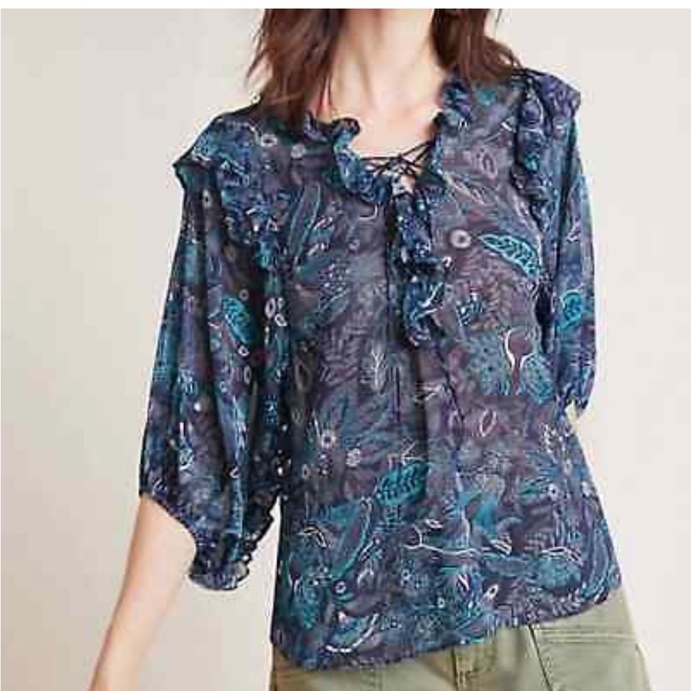 Anthropologie Haida boho peasant blue floral semi sheer blouse super cute!